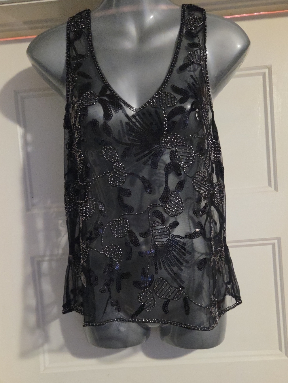 Black Beaded V-Neck Sleeveless Top